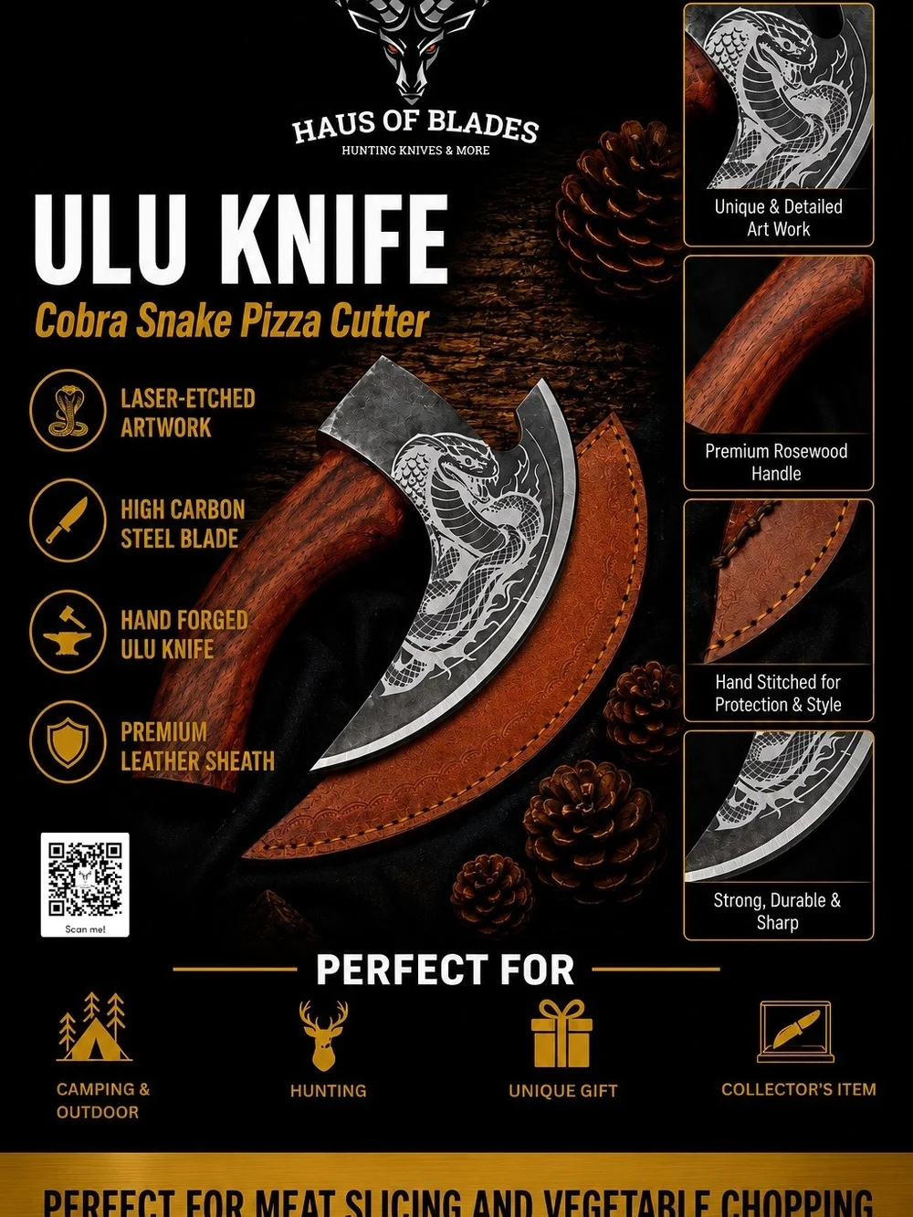 Cobra Snake Ulu Knife – Rosewood Handle (Brown)